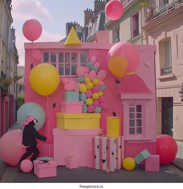 Pink Building Decorated with Balloons and Gifts in Paris