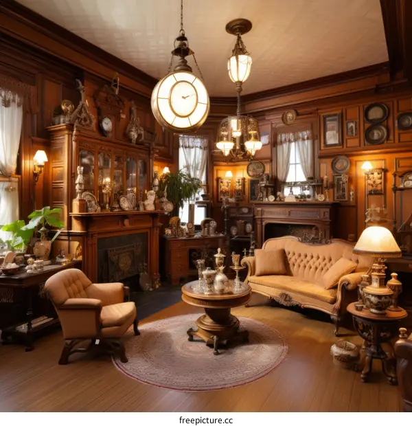 Luxurious Living Room with Antique Fireplace and Sofa