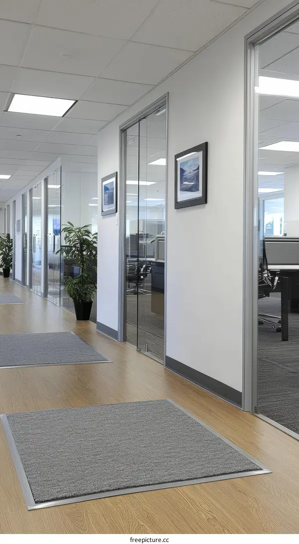 Modern Office Corridor with Entrance Mats