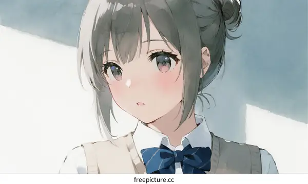 A Young Female Student with Gray Hair in School Uniform