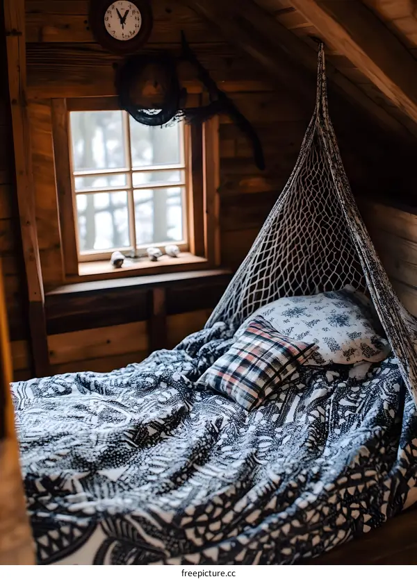 Cozy Cabin Interior with Hammock Bed and Window
