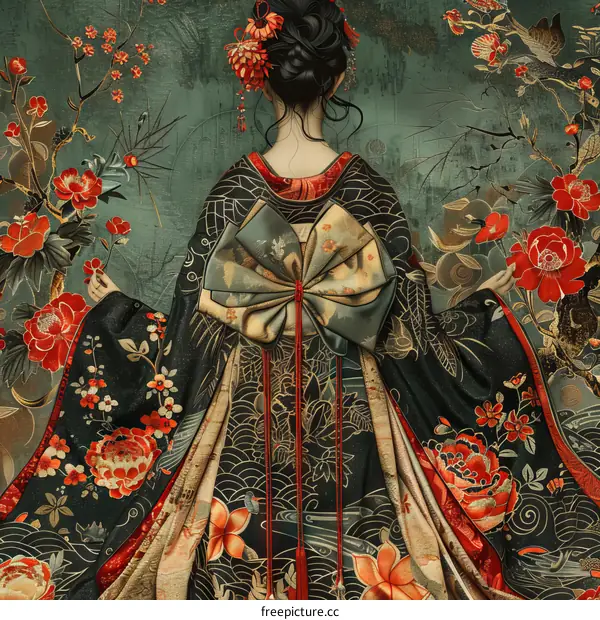A woman wearing a kimono with a floral pattern and a large bow on the back