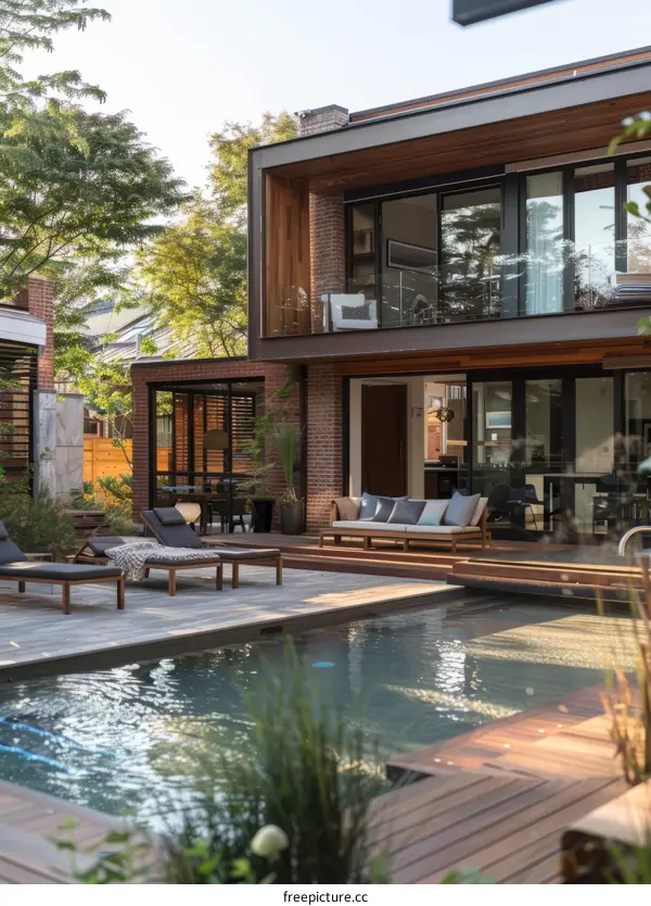 Modern luxury house with pool and outdoor seating area