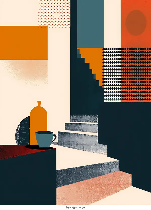 Abstract Geometric Illustration With Stairs and Cup