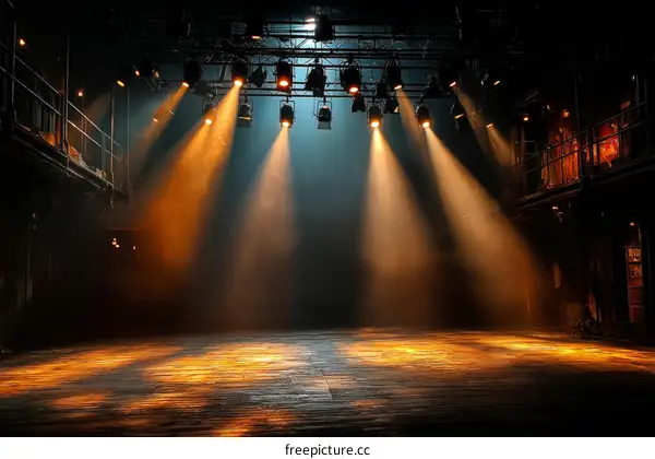 Empty Stage Lit by Powerful Spotlights