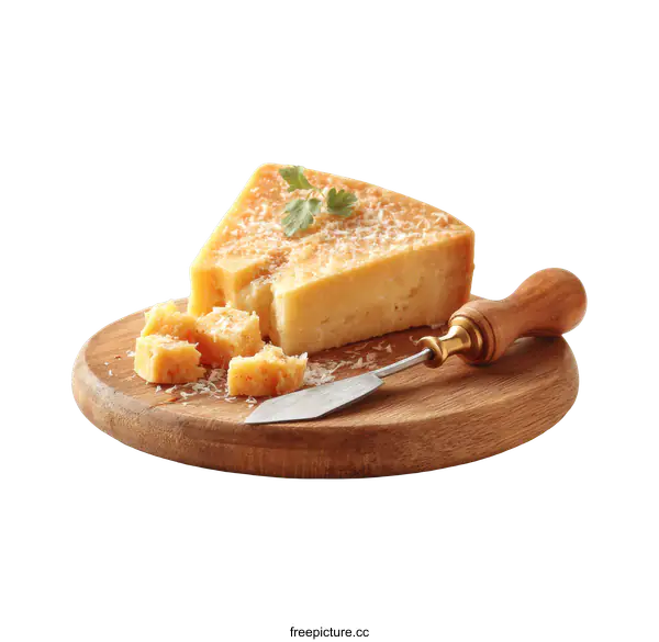 [Transparent Background PNG]Delicious Parmesan Cheese Wedge on Wooden Board