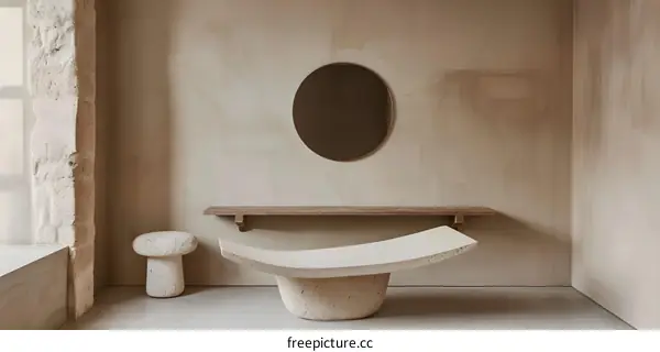 Minimalist Interior Design with Stone Stools and a Round Mirror