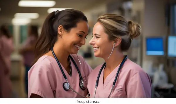 Two nurses smiling at each other