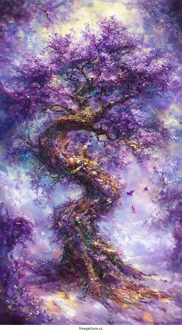 Purple Flower Tree Painting With Butterflies