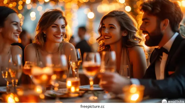 Four people are sitting at a table and talking happily