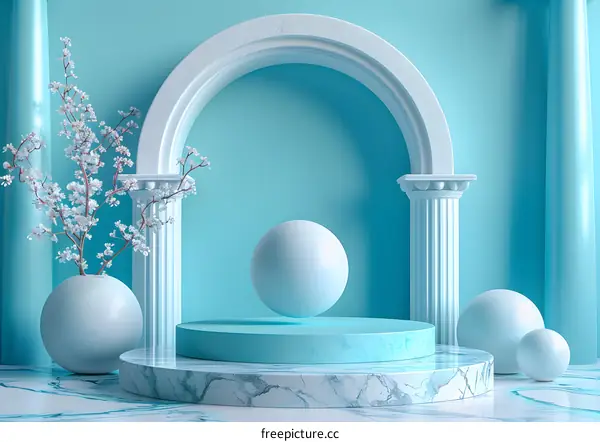Minimalist White and Blue Podium with Archway and Flower