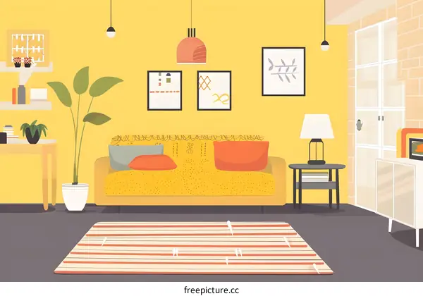 Yellow Living Room Interior Design with Sofa and Rug