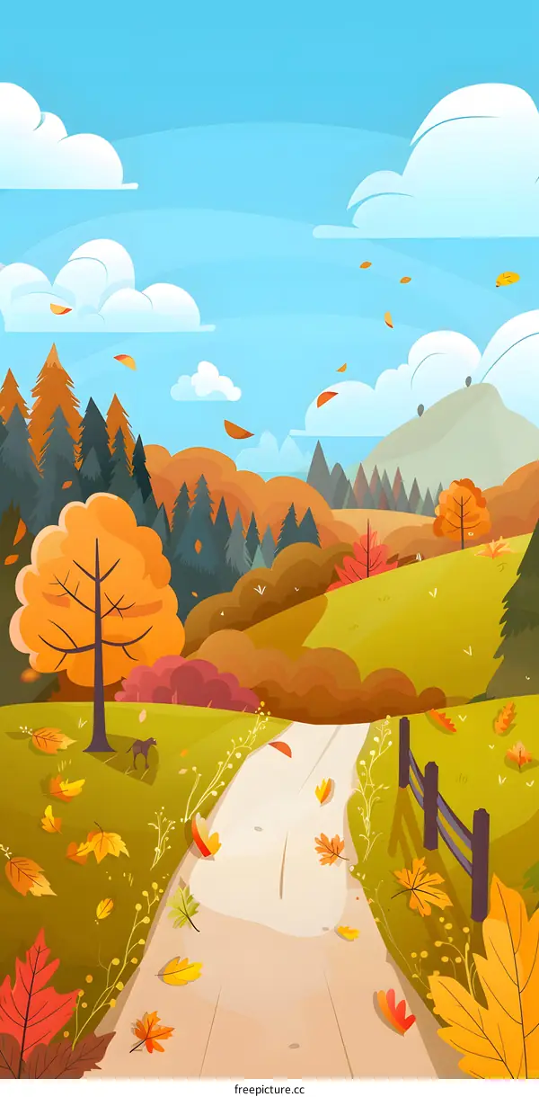 Autumn Forest Path Illustration With Falling Leaves