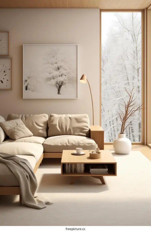 A cozy living room with a large window looking out onto a snowy forest