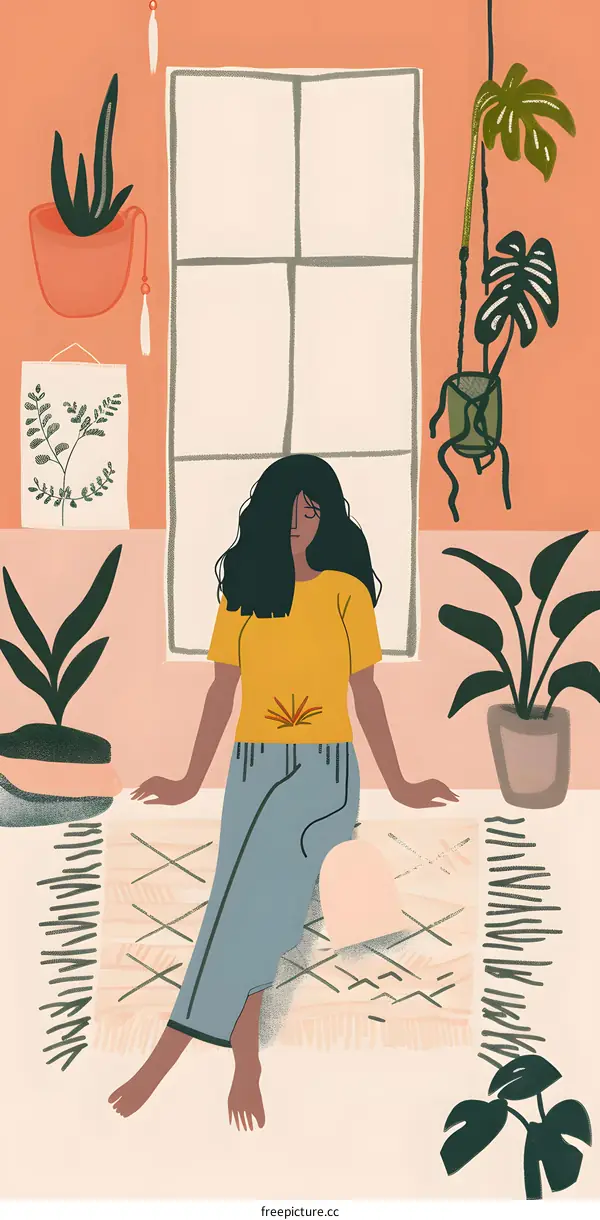 Woman Sitting on a Rug in a Room with Plants and a Window