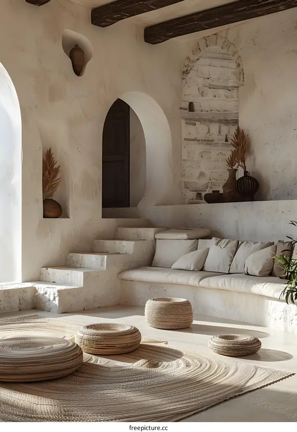 Modern interior of living room with sofa and round poufs in neutral colors