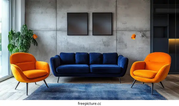 Modern Living Room Interior Design with Orange and Blue Sofas