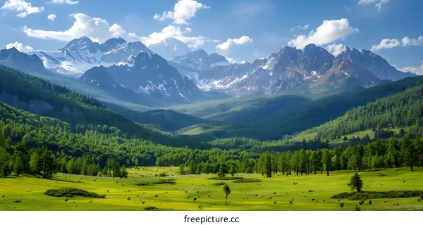 Summer mountain landscape with green meadows and snow-capped peaks