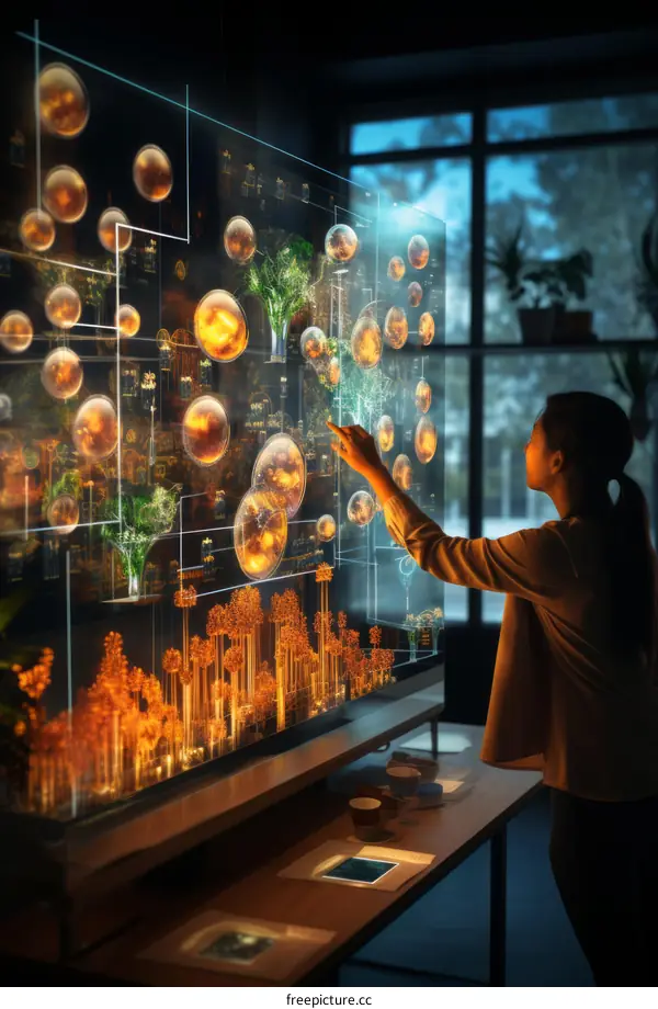 Asian woman in futuristic surrounding touching virtual interactive display