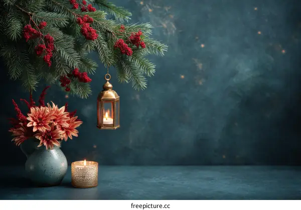 Christmas Decorative Still Life with Teal Vase and Candle