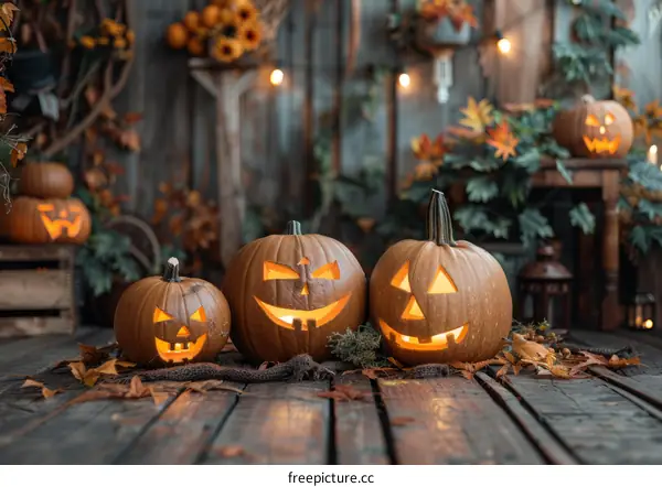 Spooky Trio: Carved Pumpkins on a Porch