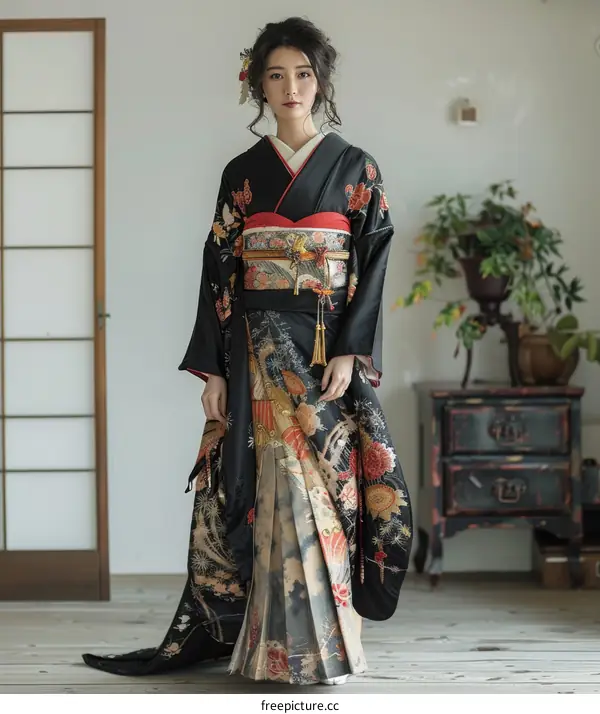 A woman wearing a kimono is standing in a traditional Japanese room.