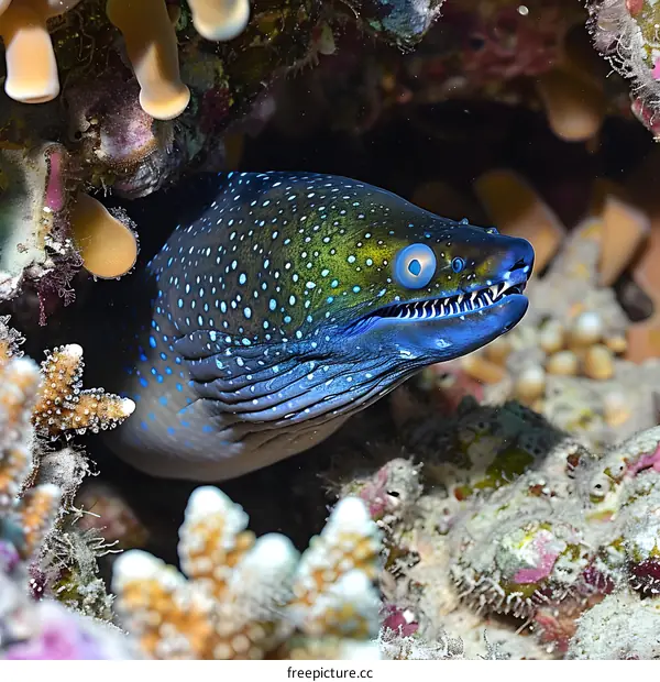 A green moray eel with a white belly and yellow spots on its body