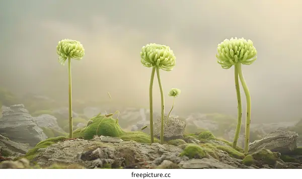Abstract Green Flowers in a Foggy Landscape