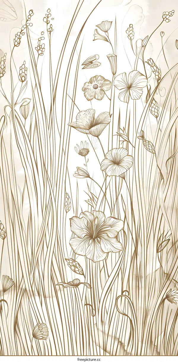 Botanical Line Drawing With Flowers and Leaves