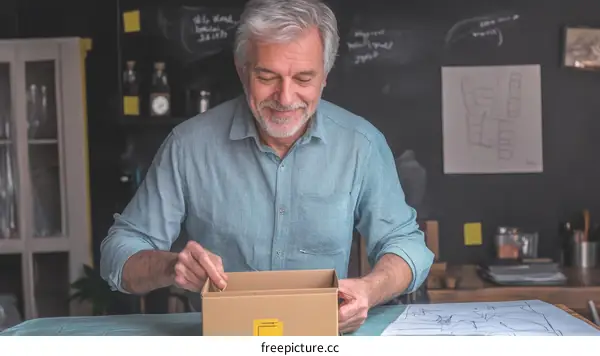 Senior Caucasian Man Opening a Cardboard Box