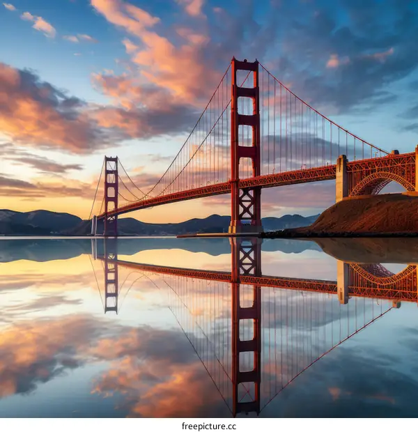 Golden Gate Bridge at sunset reflecting on calm water