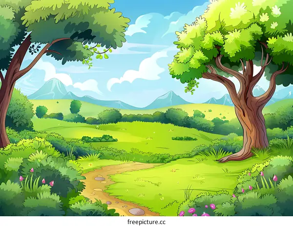 Cartoon Forest Landscape Illustration with Green Trees and Winding Path