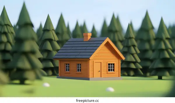 Low Poly 3D Render of a Wooden Cabin in the Forest