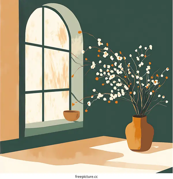 Minimalist Illustration of White Flowers in Vase with Window View
