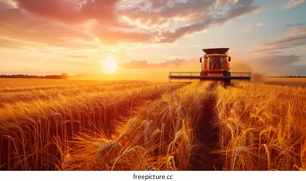 Combine harvester harvesting golden wheat field at sunset