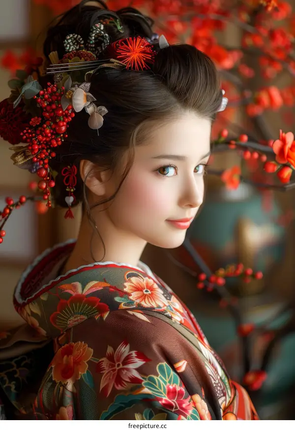 Portrait of a beautiful Japanese woman in traditional kimono