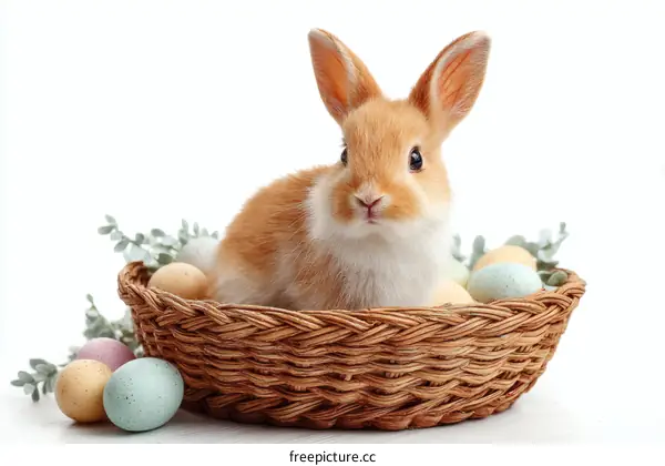 Adorable Easter Bunny in a Basket with Eggs