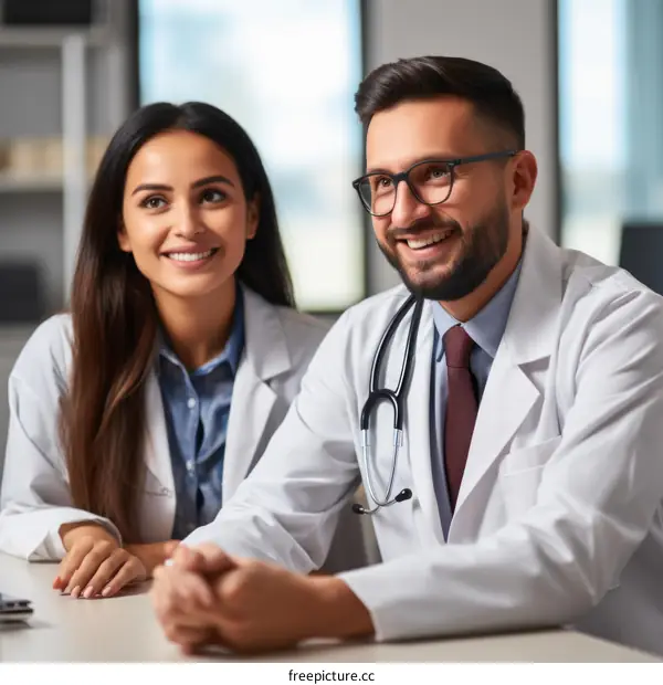 Two doctors in lab coats are sitting at a table and smiling.