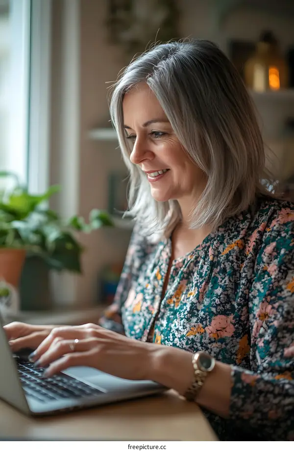 Smiling Woman Working on Laptop at Home