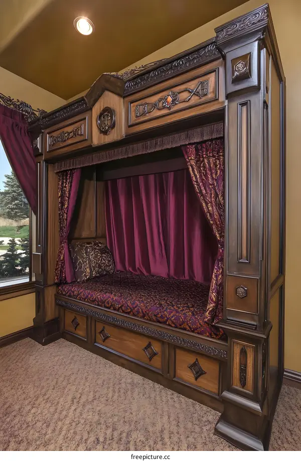 Ornate Wooden Bed With Canopy and Drapes