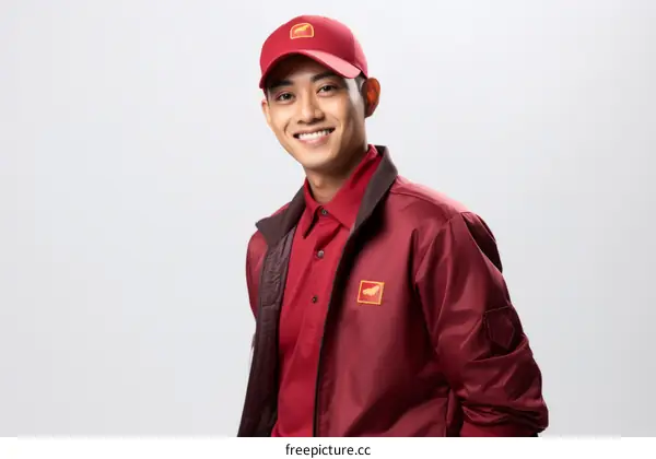 Smiling young Asian delivery man in red uniform