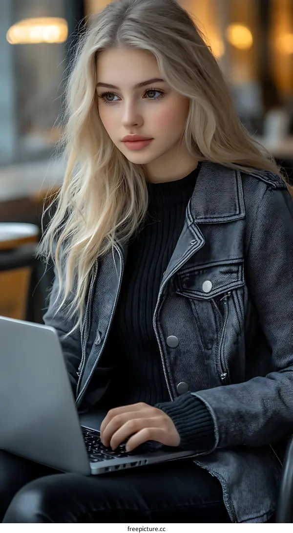 Blonde Woman Working on a Laptop in a Cafe