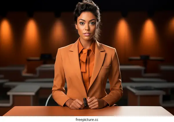 A news anchor is sitting at a news desk in a TV studio.