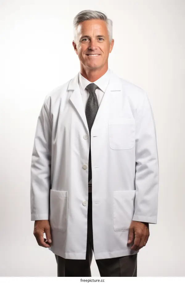 A male doctor in a white lab coat is smiling at the camera