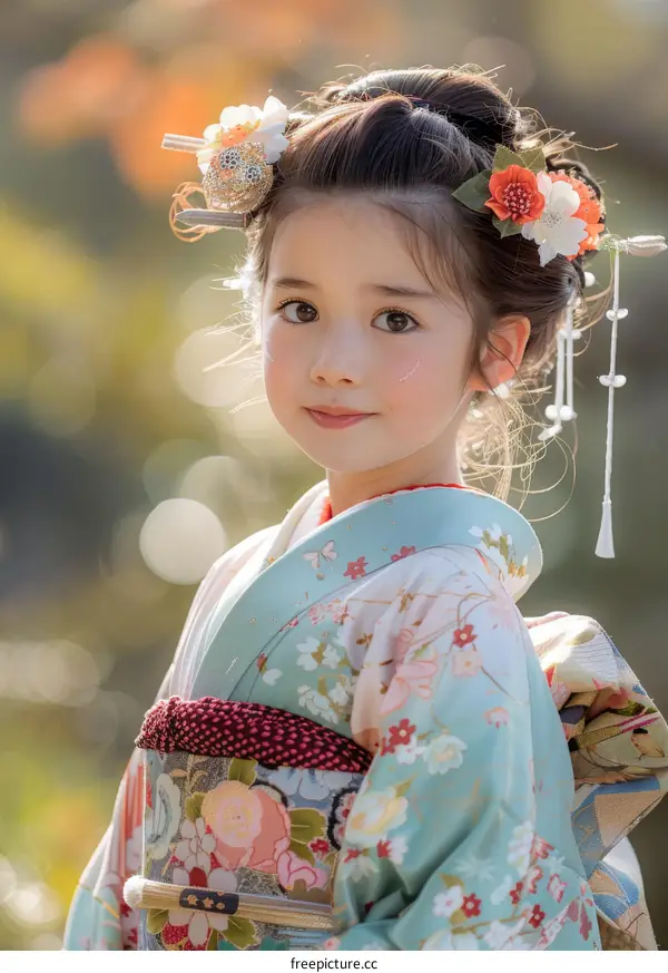 A cute little Japanese girl wearing a kimono