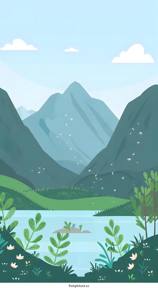 Mountain Lake Illustration with Birds Flying
