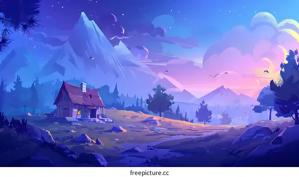 Mountain Cabin Night Sky Artwork