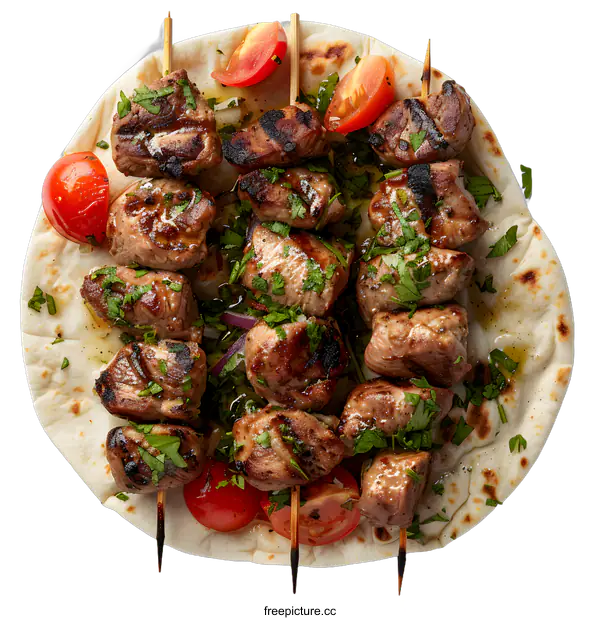 [Transparent Background PNG]Grilled meat skewers with tomatoes and herbs on flatbread