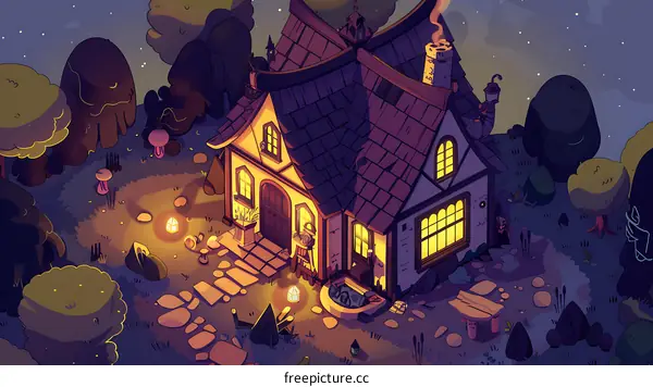 Nighttime Cottage Illustration with Stars and a Cozy Atmosphere