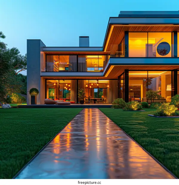 Modern house exterior with beautiful landscape and swimming pool